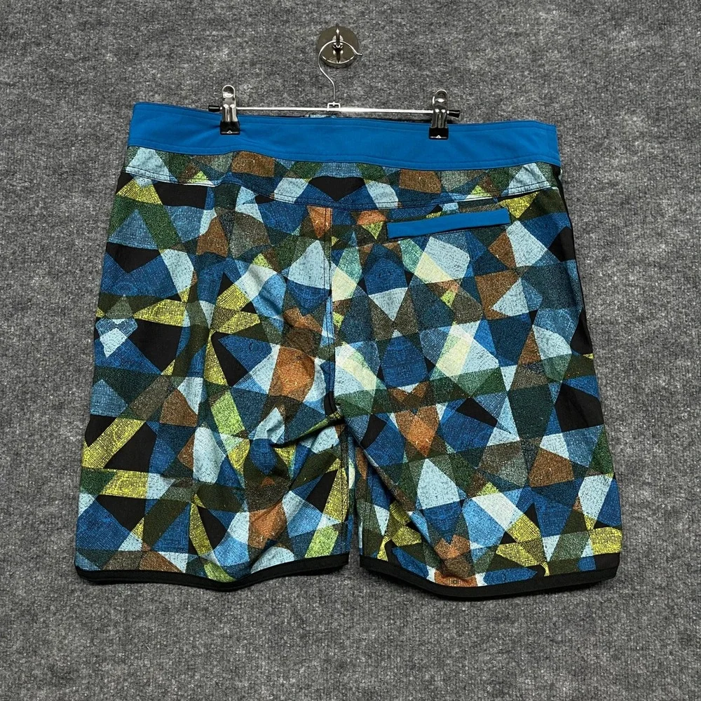 Prana Board Shorts Mens Size 36 Blue Black Geometric Mosaic Print Swim Trunks